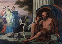 Diogenes (Philosoph) in seiner Tonne, wie er von einem Hund aufgefordert wird. Drei diskutierende Frauen im Hintergrund.